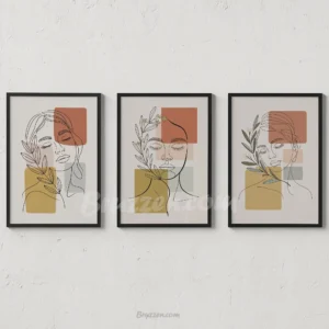 3 Set Abstract Leafy Woman Line Drawing with Geometric Blocks Minimalist Prints