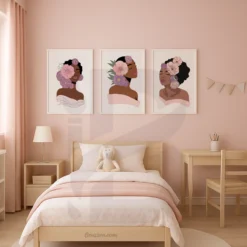 3 Set Floral Crown Black Woman Art Printable Girls Dorm Wall Art