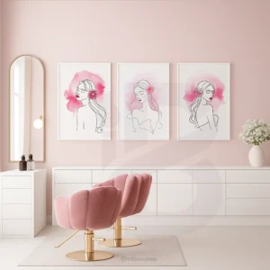 3 Set Minimalist Pink Flower Girl Line Art Prints Salon Wall Decor