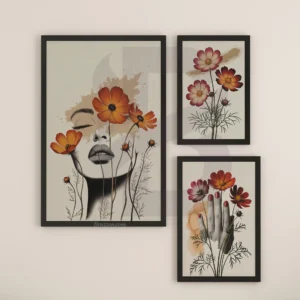 3 Set Surreal Face, Hand and Cosmos Flowers Art Prints Digital Download