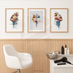 3 piece Abstract Sketch Woman Face Portraits Printable Wall Art Beauty Salon Room