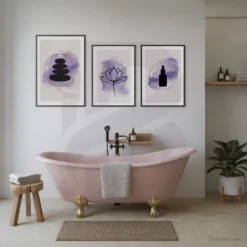3 piece Purple and gold spa bathroom wall decor above bathtub