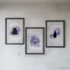 3 set spa purple gold watercolor wellness wall art prints featuring zen lotus flower, stacked stones and an essential oil