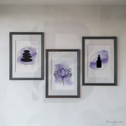 3 set spa purple gold watercolor wellness wall art prints featuring zen lotus flower, stacked stones and an essential oil