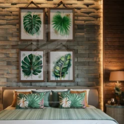 4 Set Contemporary Botanical Prints Monstera Palm Banana Leaf Gold Accent Download
