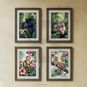 4 Set Tropical Jungle Animals Art Prints Wall Digital Download