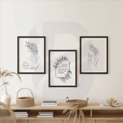 Black White Floral Line Drawing with Quote Set Wall Art Printable