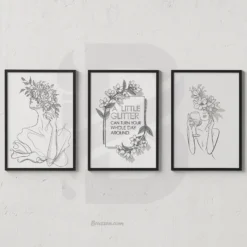 Black and White Feminine Art-Floral Line Drawing with Quote 3 Piece Prints Wall Decor Downloadable