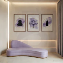 Calming wellness wall art trio with zen symbols in purple watercolor and metallic gold