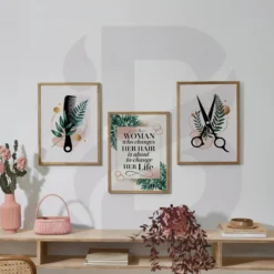 Complete salon decor set featuring hair transformation quote and professional styling tool illustrations