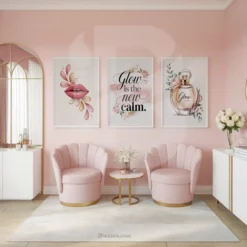 Complete vanity decor set in pink and gold with beauty themed art and wellness quote