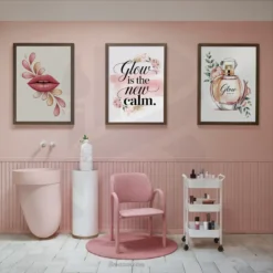Fashion beauty wall art trio with lips perfume bottle and glow is new calm typography