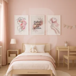 Feminine wall art trio with self-love quote elegant woman and hands holding flower girl dorm room