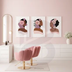 Floral Crown Black Woman Art Prints Set of 3-Printable Beauty Salon Spa Wall Decor