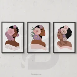Floral Crown Black Woman Art Prints Set of 3-Wall Decor Digital Download Beauty Rooms