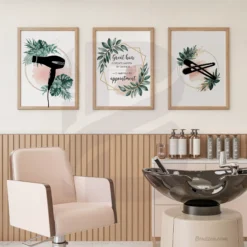Hair beauty salon decor set with quote and hair styling tools with tropical leaves