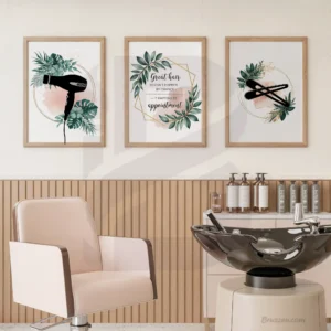 Hair beauty salon decor set with quote and hair styling tools with tropical leaves