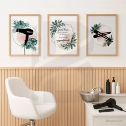 Hair stylist wall art trio with great hair quote professional tools and lush green botanical accents home beauty room