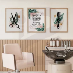 Hair stylist wall art trio with motivational quote scissors comb green botanical elements and rose gold accents