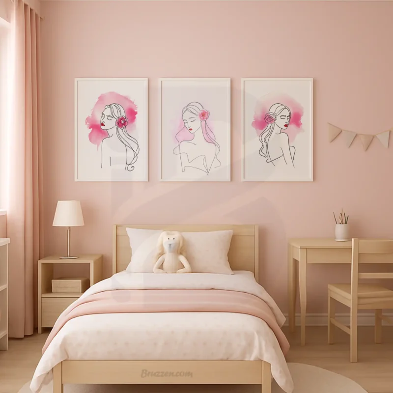 Minimalist Pink Flower Girl Line Art Set of 3 Wall Prints Dorm Room
