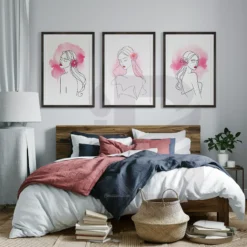 Minimalist Pink Flower Girl Line Art Wall Print Set Feminine Bedroom Decor