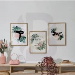 Professional salon decor collection featuring hair dryer clips and appointment quote with botanicals
