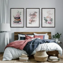Relaxing Bedroom wall art trio with zen stones, motivational quote, and aromatherapy candle