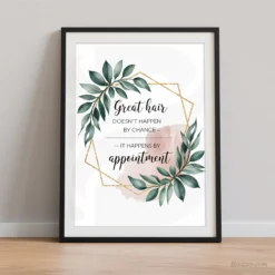 Salon appointment reminder quote typography with emerald leaves and gold accents printable wall decor