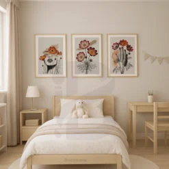 Set of 3 Surreal Woman Face, Hand Cosmos Flowers Art Prints Girls' Dorm Room Wall Decor