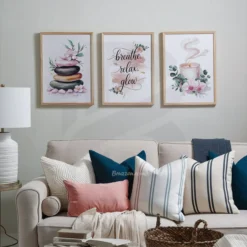 Set of three calming spa prints with inspirational message and natural elements living room wall decor