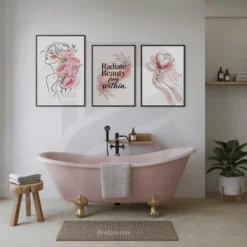 Set of three inspirational beauty prints in soft pink with floral and feminine elements bathroom wall art