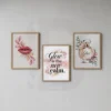 Three-piece beauty room wall art set with glow quote lips and perfume bottle printable