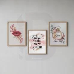 Three-piece beauty room wall art set with glow quote lips and perfume bottle printable