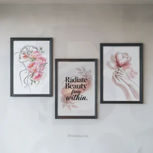 Three-piece feminine beauty wall art set with radiate beauty from within inspirational quote printable