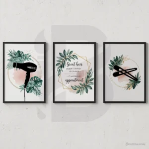 Three-piece hair salon wall art set with great hair by appointment quote and tropical styling tools downloadable prints