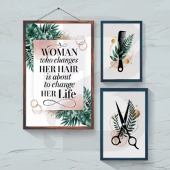 Three-piece hair salon wall art set with inspirational quote scissors and comb in tropical style