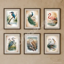 Vintage Bird Art Prints Set of 6 Watercolor Digital Download Wall Decor