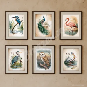 Vintage Bird Art Prints Set of 6 Watercolor Digital Download Wall Decor