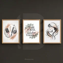 Hair Today Fabulous Tomorrow wall art set featuring salon tools, quote print, and minimalist hair illustration for beauty studio decor