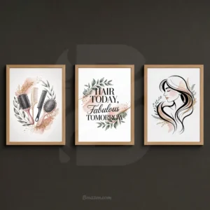 Hair Today Fabulous Tomorrow wall art set featuring salon tools, quote print, and minimalist hair illustration for beauty studio decor