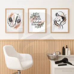 Printable salon wall art with motivational quote, hair brushes and combs in a neutral botanical frame, contemporary stylist decor