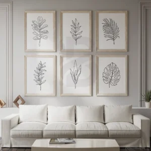Set of 6 minimalist leaf line drawing printable wall art Living Room