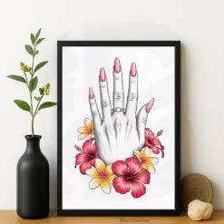 Manicure hand art tropical flowers salon