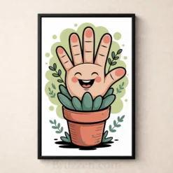 smiling cartoon hand potted plant playful nail-salon decor print