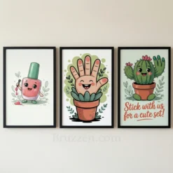 Cute nail salon wall art set three piece kawaii manicure prints