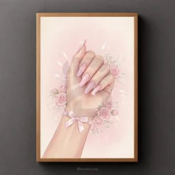 Elegant pink nails hand and flowers illustration print