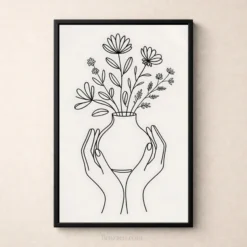 hands cradling vase wildflowers continuous line art print
