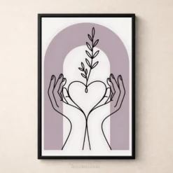 line drawing hands heart shape branch mauve modern print