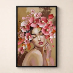 Woman with orchid flower hair portrait, luxurious coral background, salon decor art