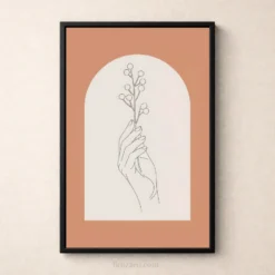 minimalist hand holding berry stem terracotta background wall art